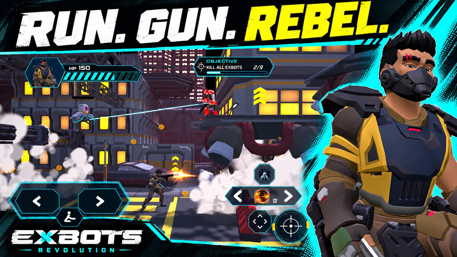 Exbots Revolution run-and-gun combat and Arthur Raze artwork